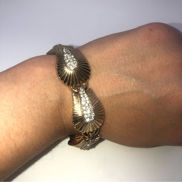 BOUCHER Gold Plated White Crystal MCM Leaf Design Link Bracelet 7” Vintage - Picture 6 of 8